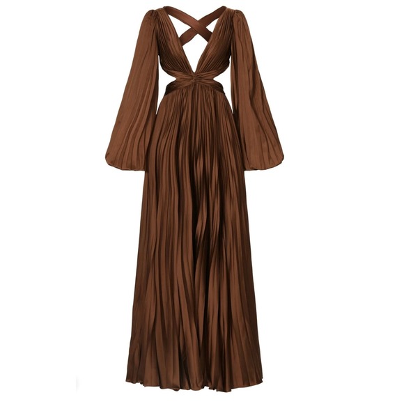 MAC DUGGAL‎ Ieena Espresso Brown Pleated Plunge V Neck Cut Out Maxi Dress Size 6 - Picture 10 of 16